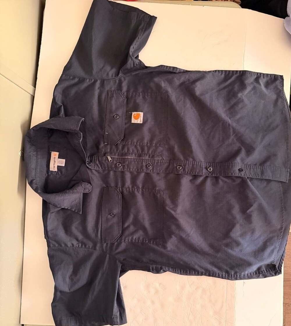 Carhartt Men's Short Sleeve Button Up Work Shirt W/ Zip Pocket Navy Blue Size L